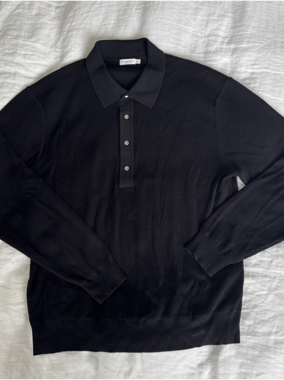 Suitsupply Black Long-Sleeve Cotton Silk Polo
